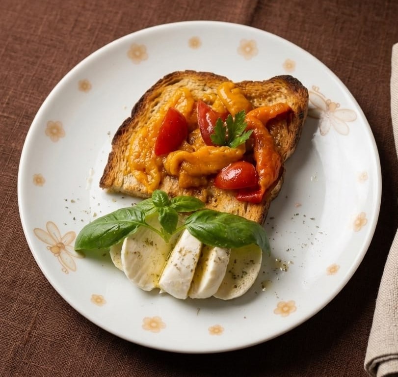 Peperoni grigliati sulla bruschetta con mozzarella